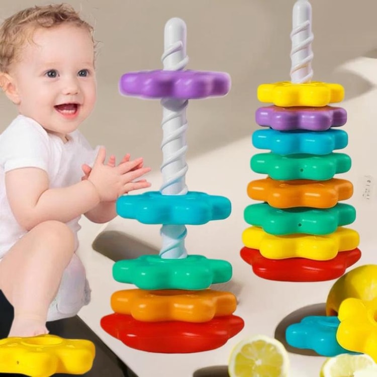 Kids Gift, Montessori Baby Tower Game, Spinning and Stacking Rainbow Puzzle, Motor Skill Development