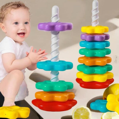 Kids Gift, Montessori Baby Tower Game, Spinning and Stacking Rainbow Puzzle, Motor Skill Development
